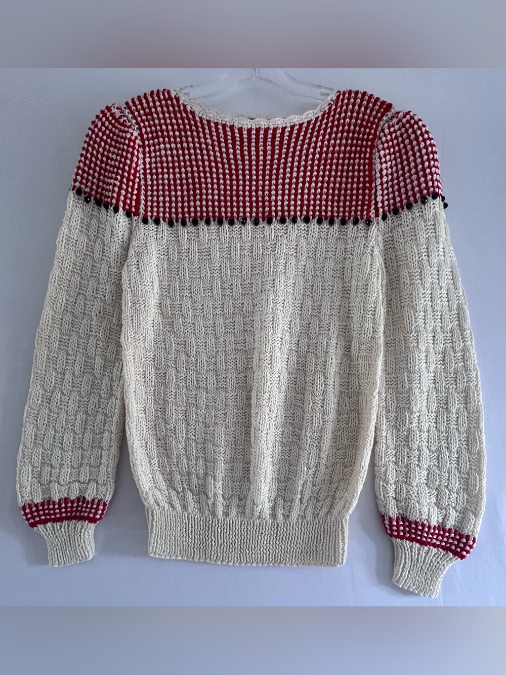 Vintage Nannell Hand Knit Beaded Basketweave Cottagecore Statement Sweater L